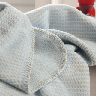 A close-up of a light blue textured throw blanket with a waffle pattern and a folded cream-colored fringed edge.