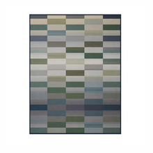 Load image into Gallery viewer, Rectangular rug with a checkered pattern of green, blue, and beige squares on a white background

