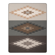Load image into Gallery viewer, A rectangular area rug with a Southwestern geometric pattern, featuring three horizontal bands of diamond motifs in beige, brown, and dark brown.
