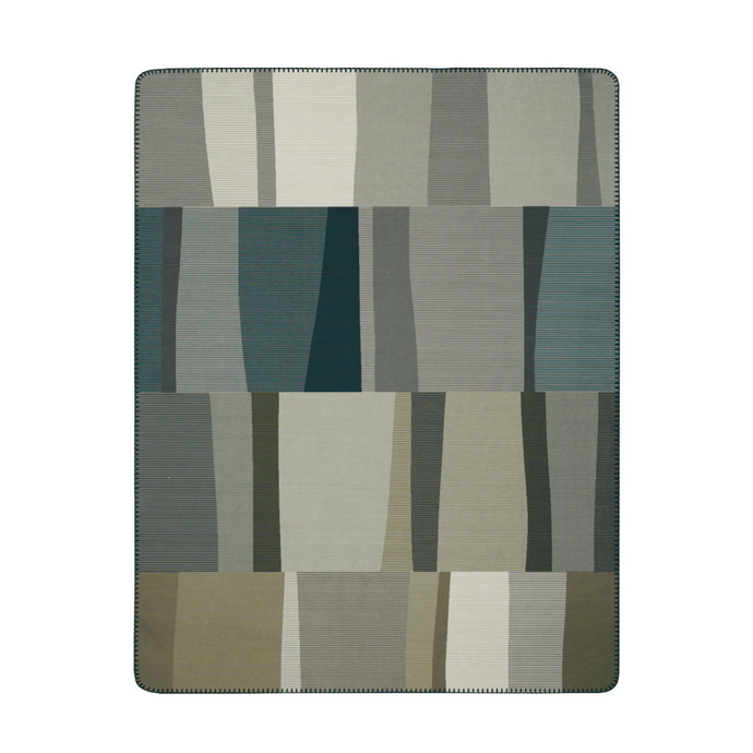 Rectangular rug with a geometric pattern of squares in various shades of gray and green on a white background.