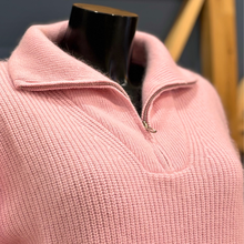 Load image into Gallery viewer, Close up of fabric of Twins The Label Breckenridge set up on a mannequin, in Baby Pink, with blue and brown wooden background.
