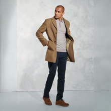 Load image into Gallery viewer, Man wearing a brown coat, gray shirt, dark pants, and brown shoes on a white background
