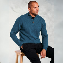 Load image into Gallery viewer, Teal Half Zip Jumper on Model with dark trousers 
