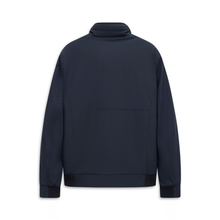 Load image into Gallery viewer, A dark navy blue jacket shown from the back, featuring a high mock neck collar, long sleeves, and a horizontal seam across the lower back, displayed on a clean white background.
