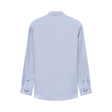 Load image into Gallery viewer, A light blue long-sleeve button-up shirt shown from the back, featuring a classic collar and button cuffs, displayed on a clean white background.
