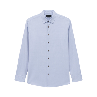 A light blue long-sleeve button-down shirt with a classic collar and dark buttons, shown flat against a solid white background.