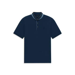 Navy polo shirt with light blue trim on a white background