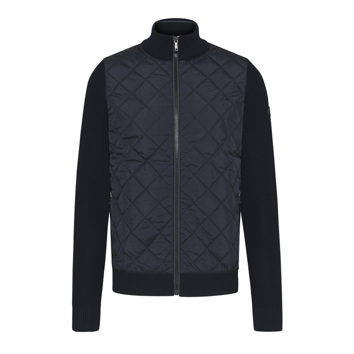 Navy quilted jacket on a white background