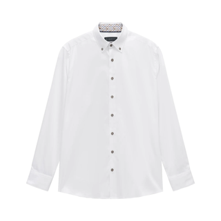 A white long-sleeve button-down shirt with a pointed collar and dark buttons, displayed flat against a solid white background.