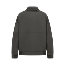 Load image into Gallery viewer, A dark gray zip-up jacket with a mock neck collar, shown from the back on a solid white background.
