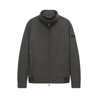 A dark olive green zip-up jacket with a stand-up collar, zippered hand pockets, and a small black rectangular logo patch on the left sleeve, shown against a plain white background.