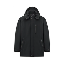 Load image into Gallery viewer, A black hooded jacket with a front zipper, snap-button details, and zippered pockets, shown against a plain white background.
