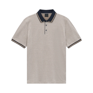 Beige striped polo shirt with dark collar and trim on a white background