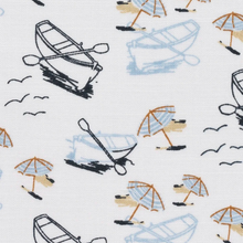 Load image into Gallery viewer, Pattern of boats, oars, and umbrellas on a white background
