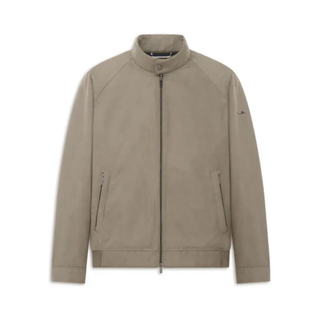 A light taupe-beige zip-up jacket with a stand-up collar, shown flat against a solid white background.