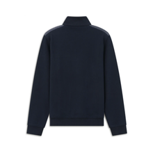 Load image into Gallery viewer, A dark navy blue long-sleeve sweatshirt shown from the back, featuring a mock neck collar and subtle contrasting dark gray shoulder panels, displayed on a clean white background.
