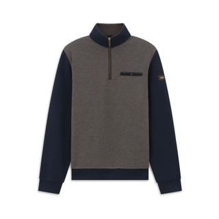 A men's quarter-zip pullover sweater with a heather gray body and dark navy sleeves, collar, and hem, featuring a small gold-toned logo patch on the right sleeve.