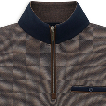Load image into Gallery viewer, Close-up of a men's half-zip knit sweater with a dark navy blue collar and matching pocket trim, on a white background.
