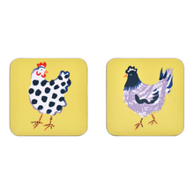 Load image into Gallery viewer, Two square coasters with chicken illustrations on a yellow background
