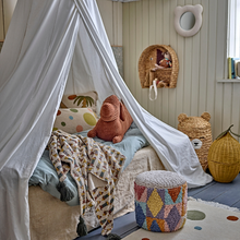 Load image into Gallery viewer, Children's bedroom with a canopy bed, teddy bear, and colorful stool.
