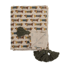 Load image into Gallery viewer, Blanket with dog pattern and tassels on a white background
