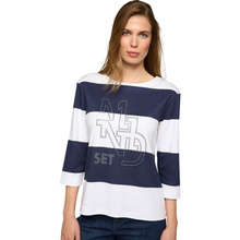 Load image into Gallery viewer, Close up of model wearing Rabe 3/4 Sleeve Navy &amp; White Top
