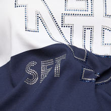 Load image into Gallery viewer, Close up of material on Rabe 3/4 Sleeve Navy &amp; White Top
