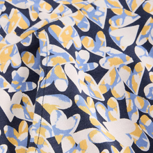 Load image into Gallery viewer, Close-up of a fabric with a butterfly pattern featuring blue, yellow, and white colors on a navy background.
