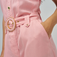 Load image into Gallery viewer, Close-up of a pink dress with a gold belt on a neutral background

