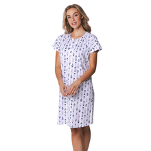 Load image into Gallery viewer, Woman wearing a white nightgown with a black pattern on a white background
