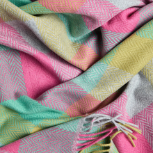 Load image into Gallery viewer, Close-up of a colorful plaid fabric with pink, green, and yellow patterns.
