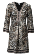 Load image into Gallery viewer, A women's long-sleeve V-neck dress featuring a snakeskin print in shades of brown, beige, and black, with a black inner neckline and decorative embroidered trim.
