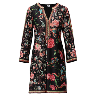 A long-sleeve V-neck dress with a black base and a vibrant floral and paisley print in pink, red, green, and blue, featuring decorative embroidered trim.