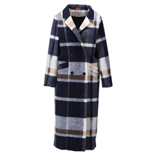 Load image into Gallery viewer, A double-breasted plaid coat with a navy, gray, white, and beige pattern, shown on a plain white background.
