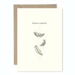 Greeting card with 'deepest sympathy' text and feather illustrations on a white background.
