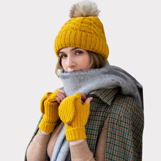 Dents Cable Knit Hat with Faux Fur Pom