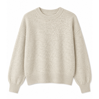 A light beige heathered knit sweater with a crew neck, dropped shoulders, and ribbed cuffs and hem, shown against a plain white background.