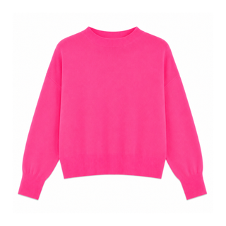 A bright pink crewneck sweater with long sleeves and ribbed cuffs and hem, shown flat against a plain white background.