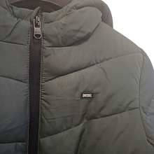 Load image into Gallery viewer, Close-up of a dark green puffer jacket with a visible Diesel logo on a white background
