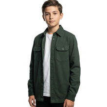 Load image into Gallery viewer, Boy wearing a green shirt over a white shirt on a white background

