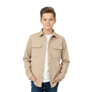 Image of Model wearing Diesel Duncan Boys Overshirt in Sand, with a white background.