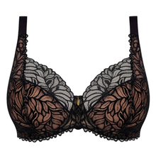 Load image into Gallery viewer, Black lace underwire bra with sheer floral patterns and a small gold button at the center front, shown against a plain white background.
