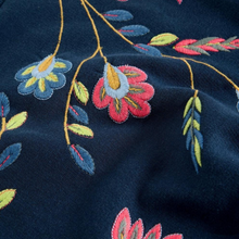 Load image into Gallery viewer, Embroidered floral pattern on dark fabric

