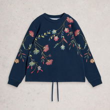 Load image into Gallery viewer, Navy blue sweatshirt with floral embroidery on a light gray background
