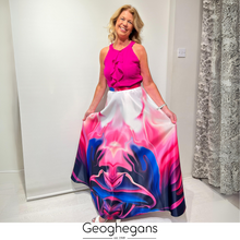 Load image into Gallery viewer, Edas Ruffle Front Top &amp; Printed Satin Maxi Skirt Co Ord
