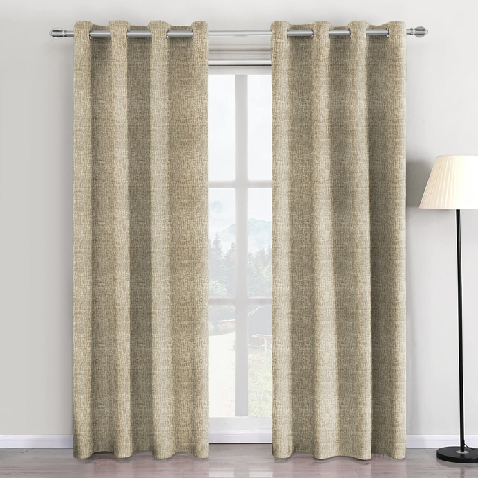 Beige curtains with grommets on a window in a room with a lamp.