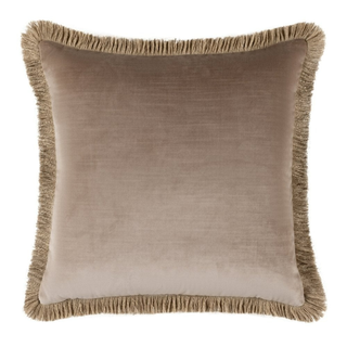 Beige pillow with frayed edges on a white background