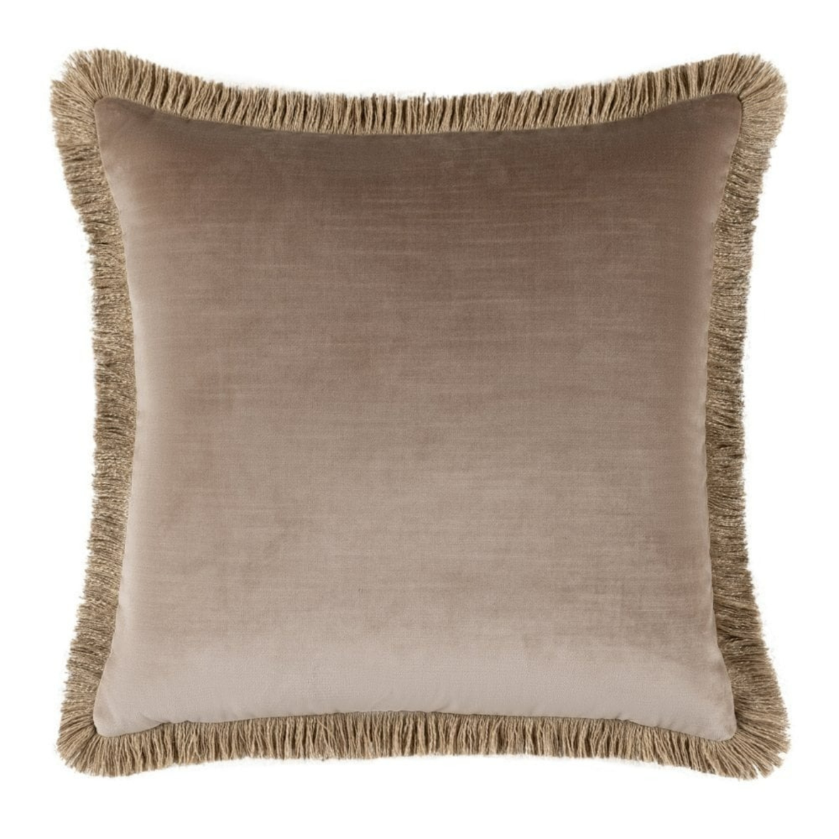 Beige pillow with frayed edges on a white background