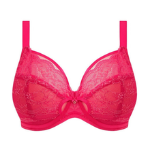 Load image into Gallery viewer, A bright pink lace bra with matching pink straps, featuring a sheer floral lace pattern and a small decorative center detail, shown against a plain white background.
