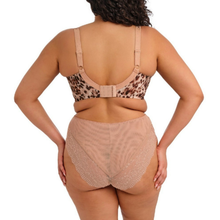 Load image into Gallery viewer, Woman wearing a beige bra and panties set with leopard print accents on a white background

